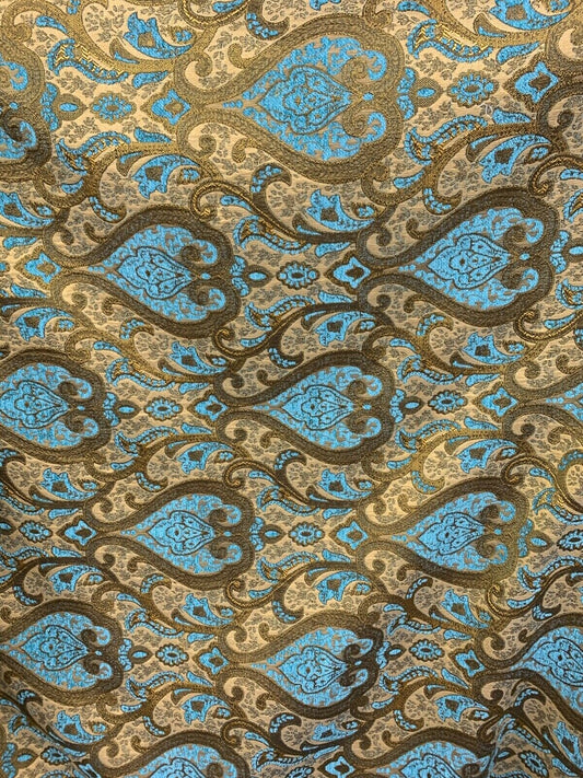 TURQUOISE BLUE GOLD Damask Chenille Upholstery Brocade Fabric (56 in.) Sold By The Yard