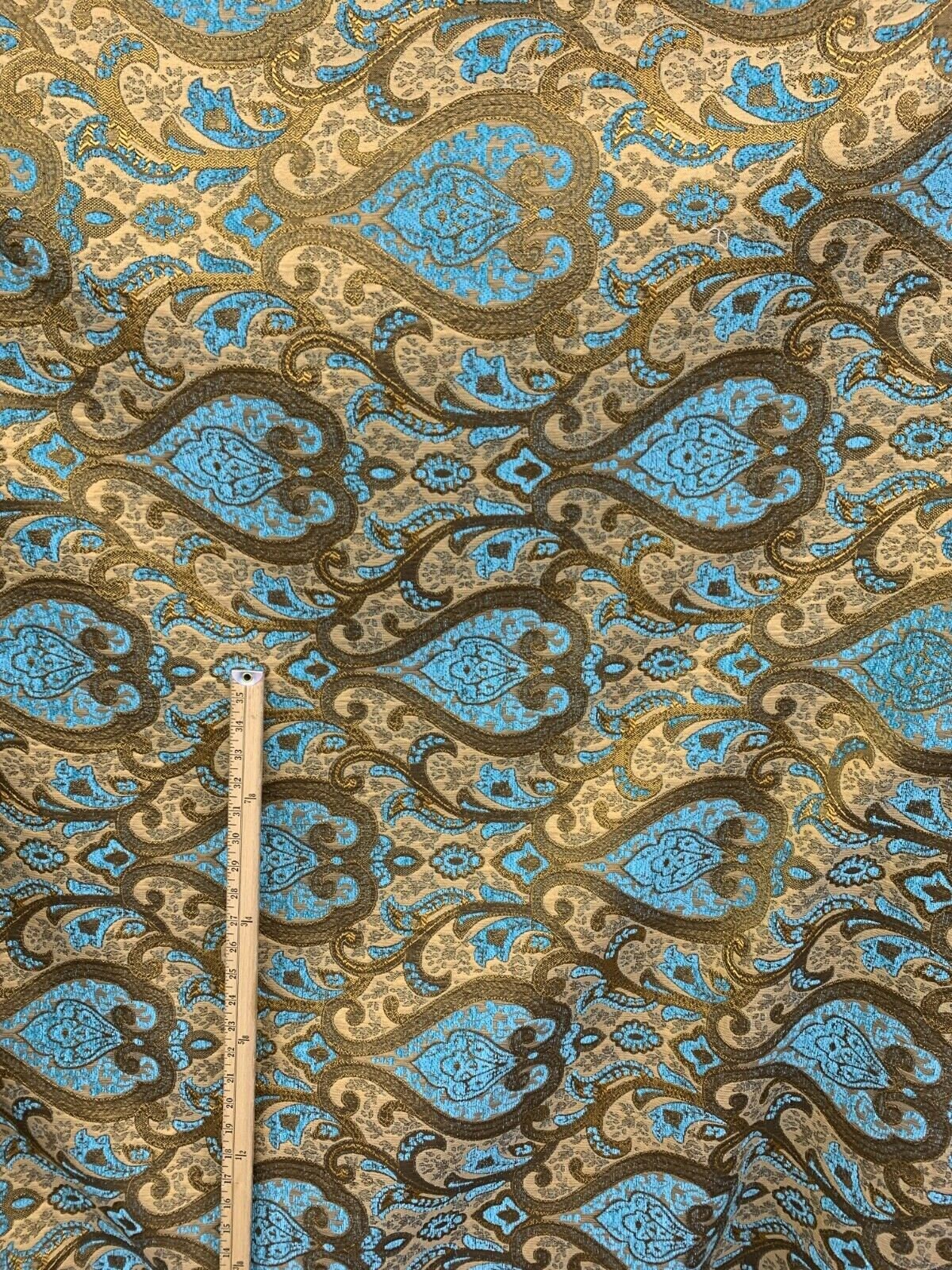 TURQUOISE BLUE GOLD Damask Chenille Upholstery Brocade Fabric (56 in.) Sold By The Yard