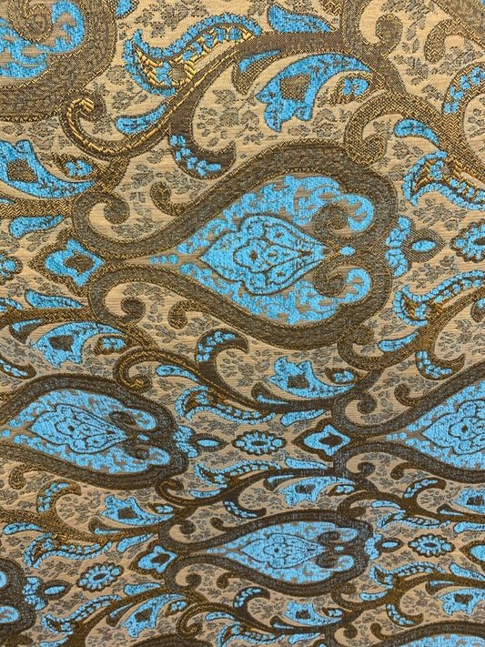 TURQUOISE BLUE GOLD Damask Chenille Upholstery Brocade Fabric (56 in.) Sold By The Yard