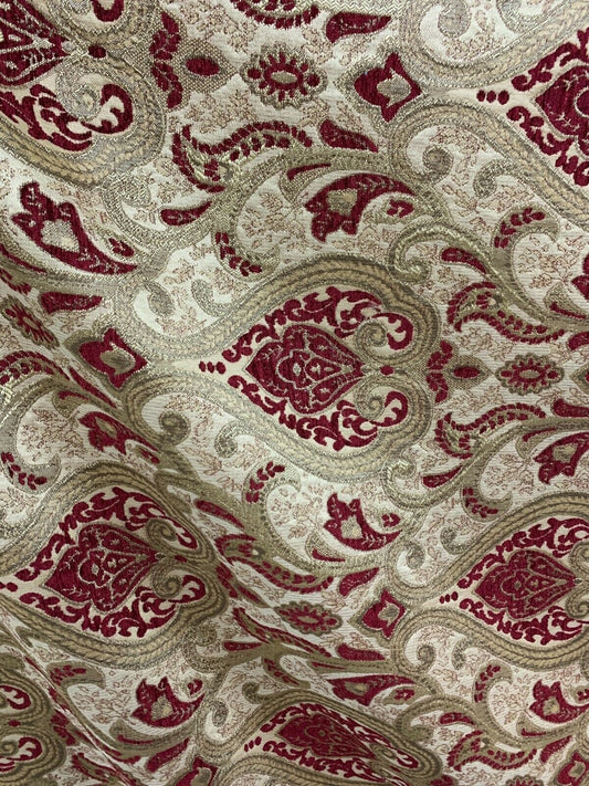 BURGUNDY GOLD Damask Chenille Upholstery Brocade Fabric (56 in.) Sold By The Yard