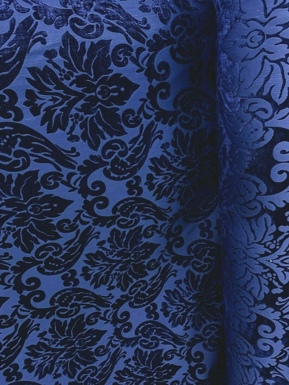 DARK BLUE Damask Chenille Upholstery Brocade Fabric (54 in.) Sold By The Yard