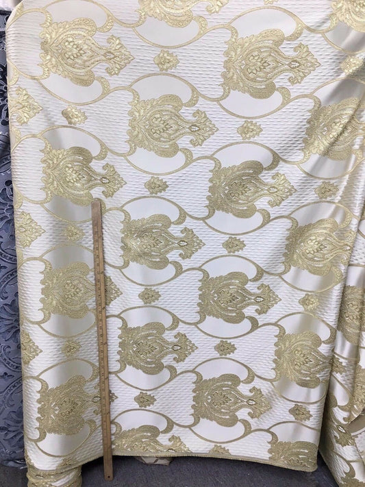 GOLD IVORY Damask Brocade Upholstery Drapery Fabric (54 in.) Sold By The Yard