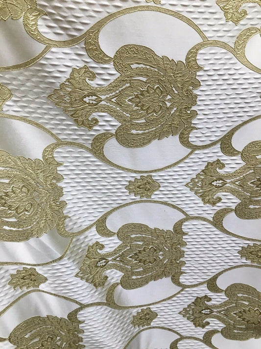 GOLD IVORY Damask Brocade Upholstery Drapery Fabric (54 in.) Sold By The Yard