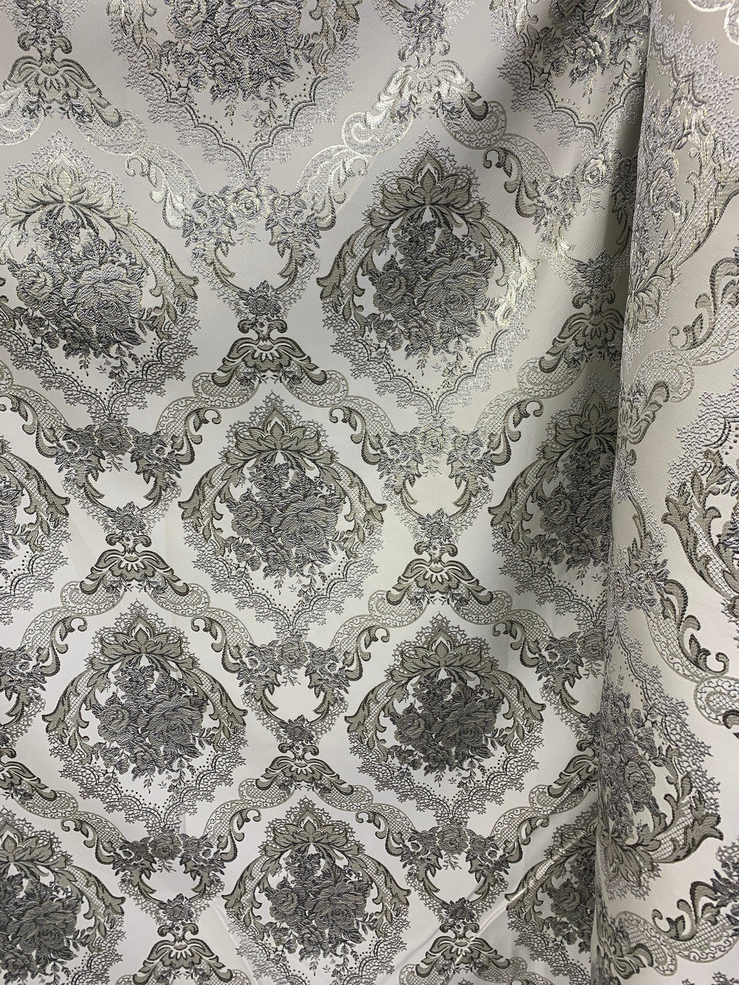 LIGHT GRAY GOLD Metallic Floral Brocade Upholstery Drapery Fabric (110 in.) Sold By The Yard