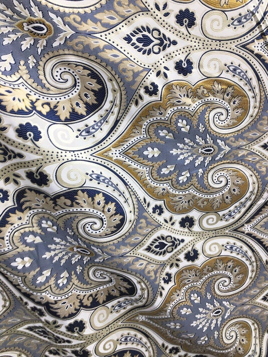 BLUE GOLD IVORY Damask Brocade Upholstery Fabric (58 in.) Sold By The Yard