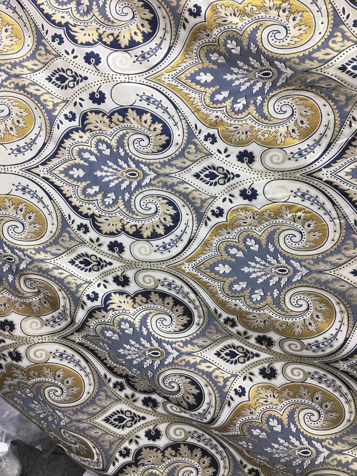 BLUE GOLD IVORY Damask Brocade Upholstery Fabric (58 in.) Sold By The Yard