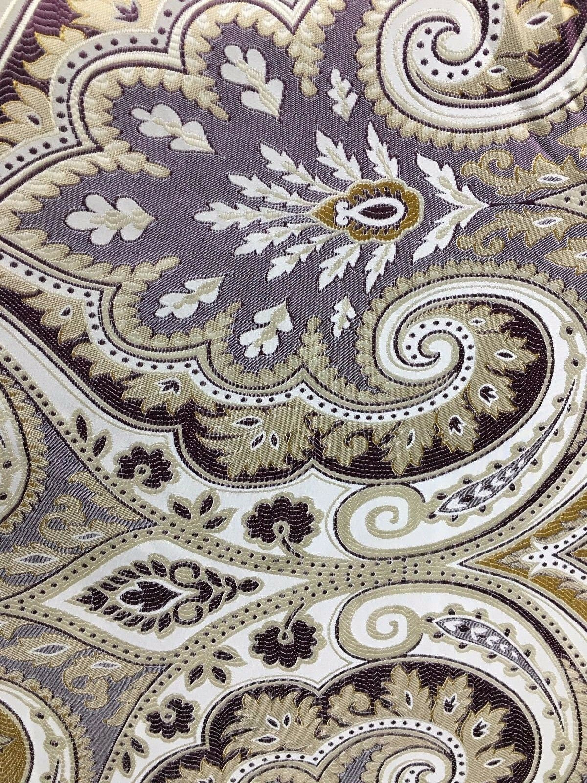 Dark Purple Gold Ivory Damask Brocade Upholstery Fabric (58 in.) Sold By The Yard