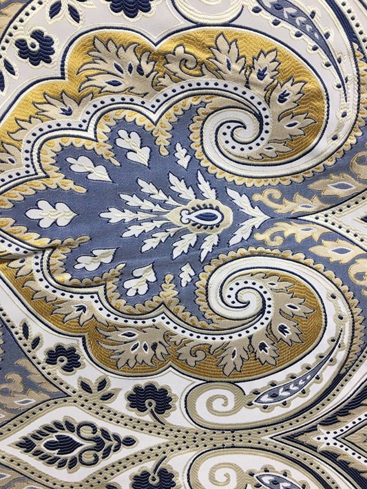 BLUE GOLD IVORY Damask Brocade Upholstery Fabric (58 in.) Sold By The Yard