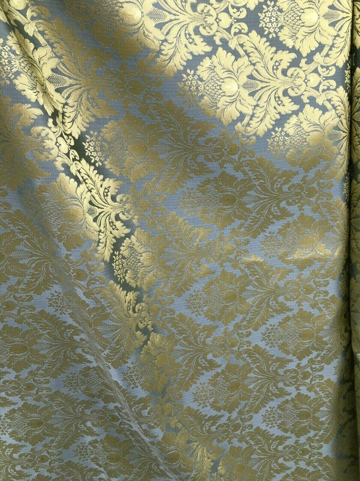 BLUE GOLD Damask Jacquard Brocade Flower Floral Fabric (110 in.) Sold By The Yard