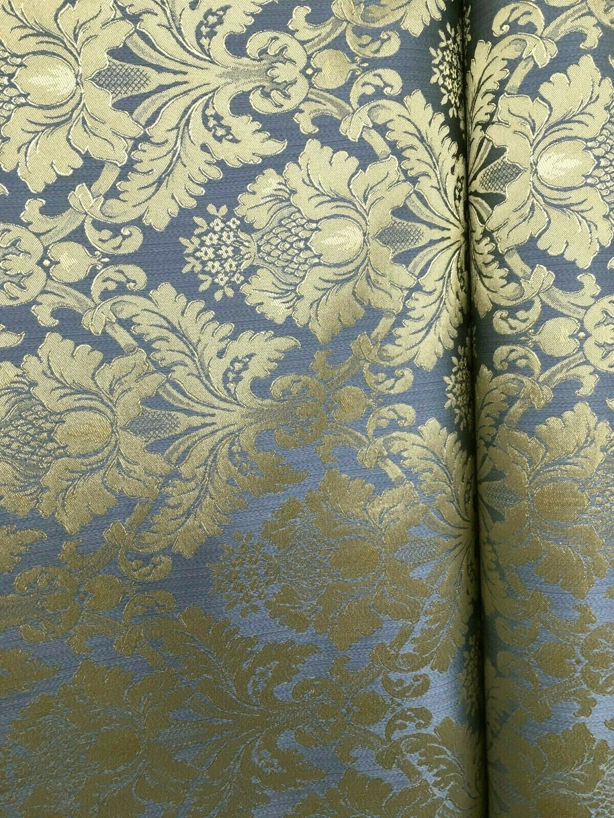 BLUE GOLD Damask Jacquard Brocade Flower Floral Fabric (110 in.) Sold By The Yard