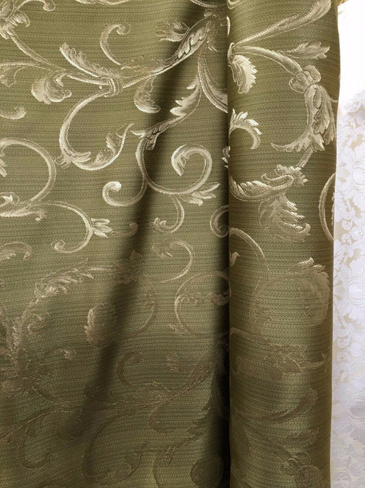 OLIVE GREEN GOLD Brocade Flower Floral Upholstery Drapery Fabric (110 in.) Sold By The Yard