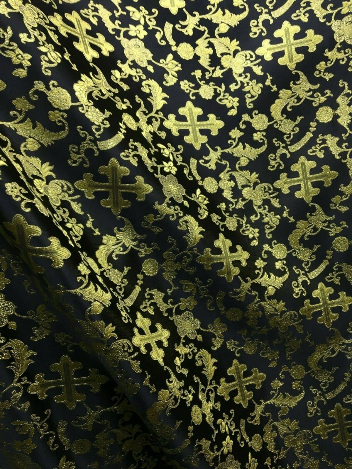 BLACK GOLD METALLIC Liturgical Cross Brocade Fabric (56 in.) Sold By The Yard