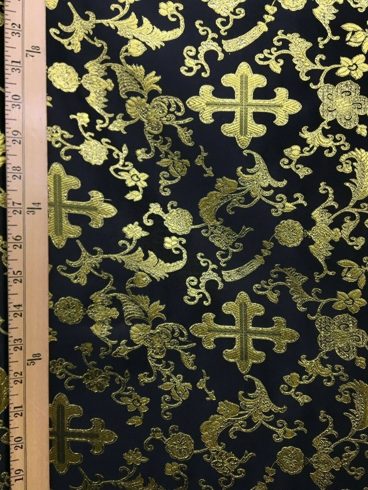 BLACK GOLD METALLIC Liturgical Cross Brocade Fabric (56 in.) Sold By The Yard