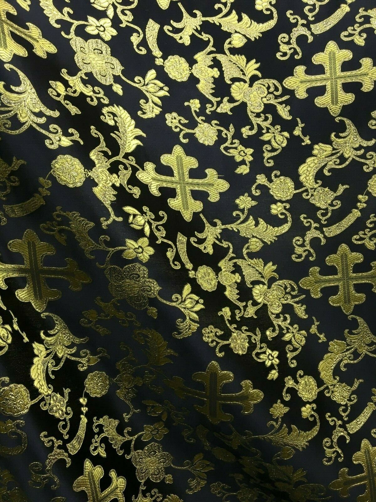 BLACK GOLD METALLIC Liturgical Cross Brocade Fabric (56 in.) Sold By The Yard