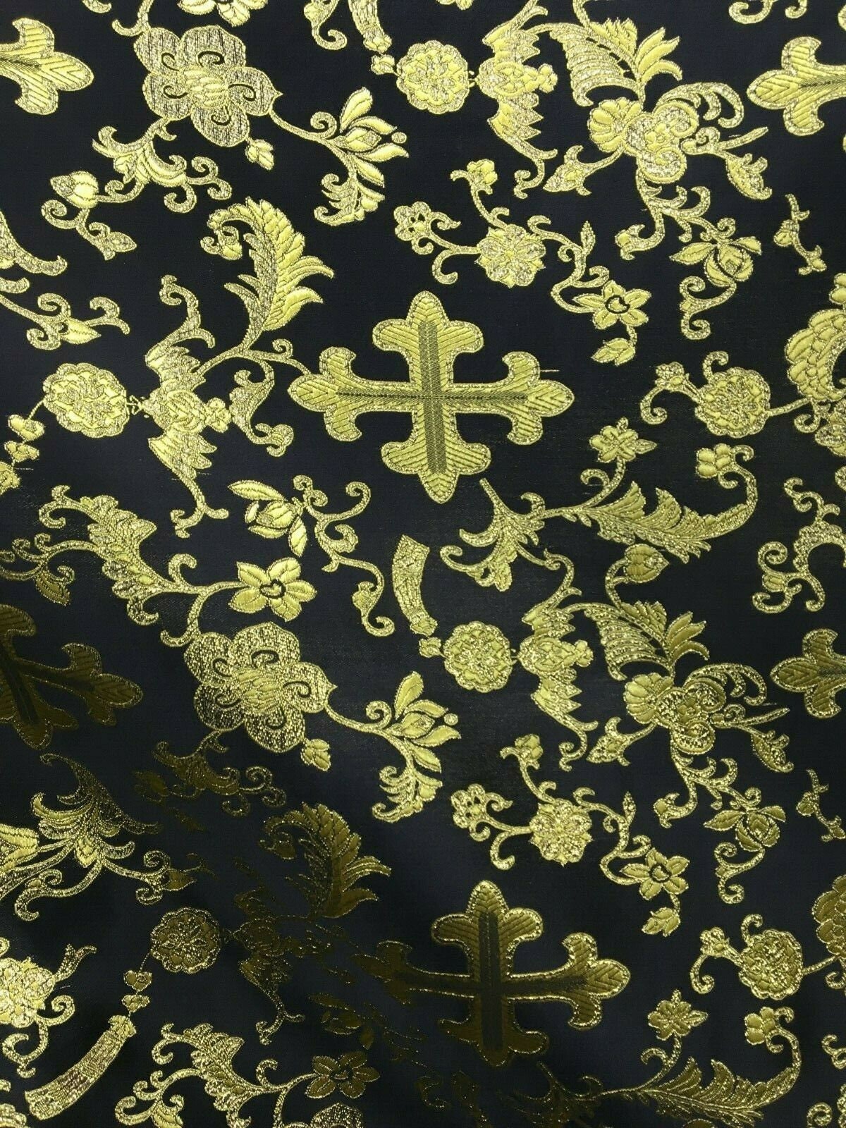 BLACK GOLD METALLIC Liturgical Cross Brocade Fabric (56 in.) Sold By The Yard