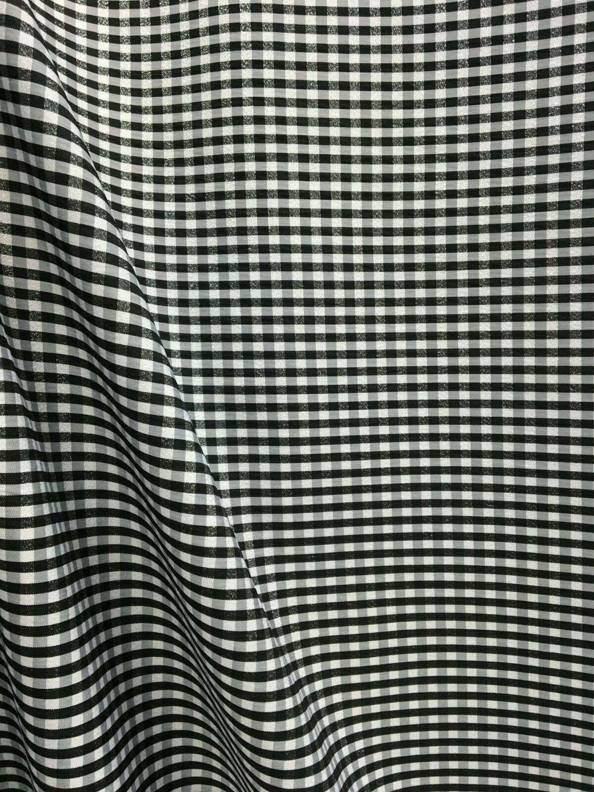 SILVER BLACK WHITE Metallic Checkered Plaid Taffeta Fabric (60 in.) Sold By The Yard