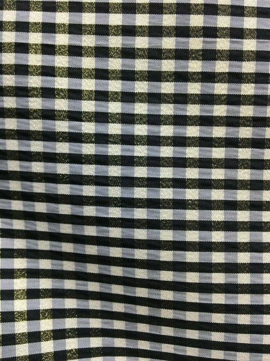 GOLD BLACK WHITE Metallic Checkered Plaid Taffeta Fabric (60 in.) Sold By The Yard