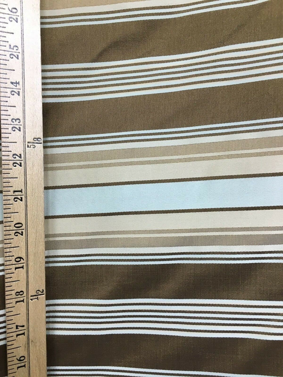 LIGHT BLUE BROWN Striped Taffeta Brocade Drapery Fabric (54 in.) Sold By The Yard