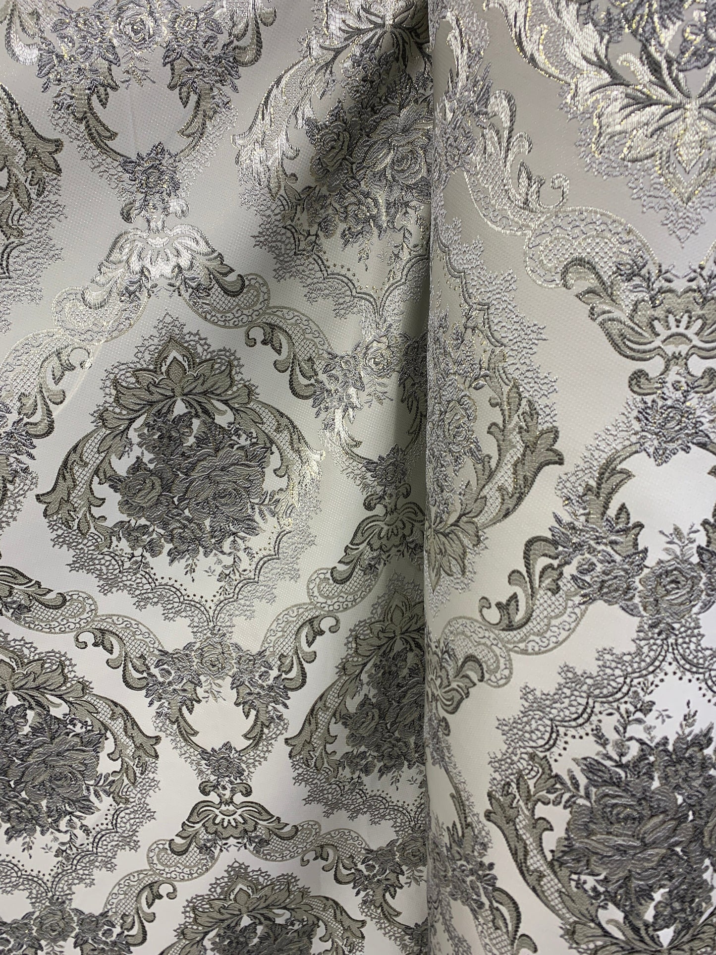 LIGHT GRAY GOLD Metallic Floral Brocade Upholstery Drapery Fabric (110 in.) Sold By The Yard