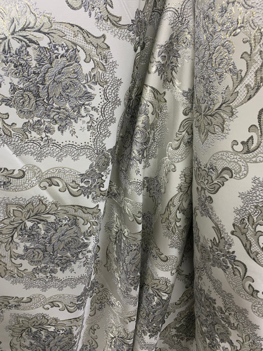 LIGHT GRAY GOLD Metallic Floral Brocade Upholstery Drapery Fabric (110 in.) Sold By The Yard