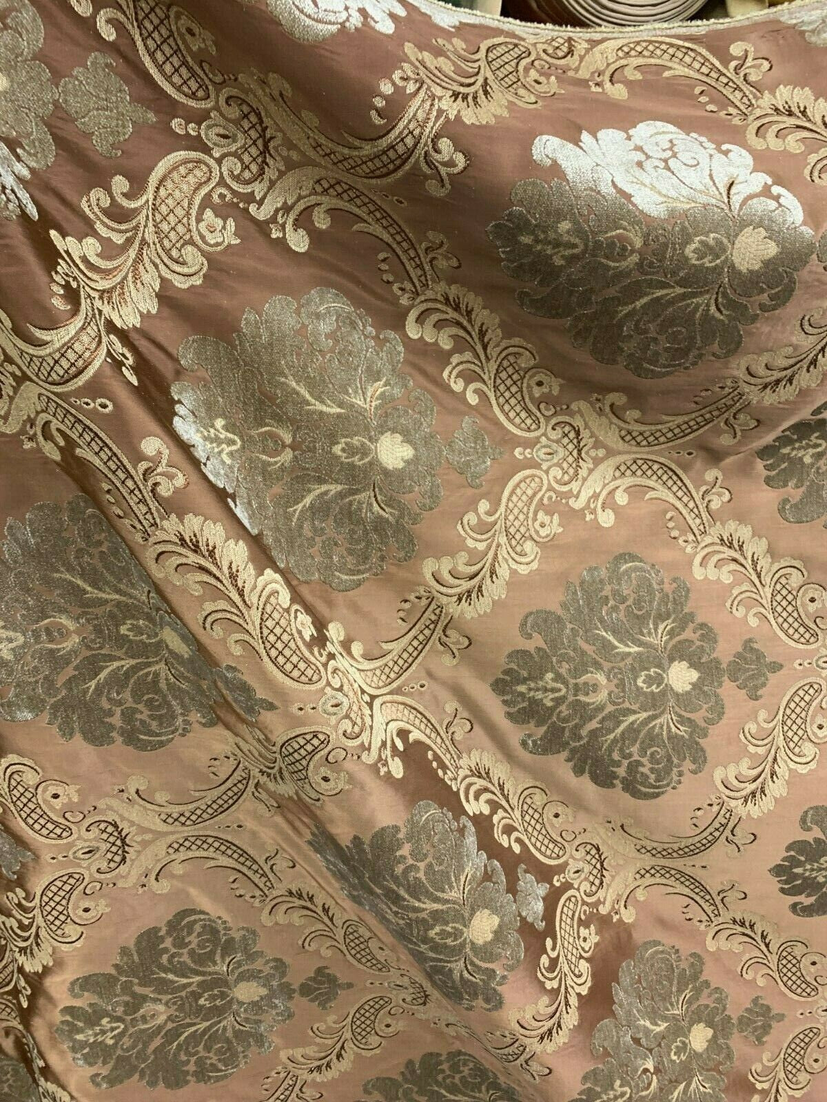 Copper Brown Beige Damask Chenille Upholstery Brocade Fabric (54 in.) Sold By The Yard