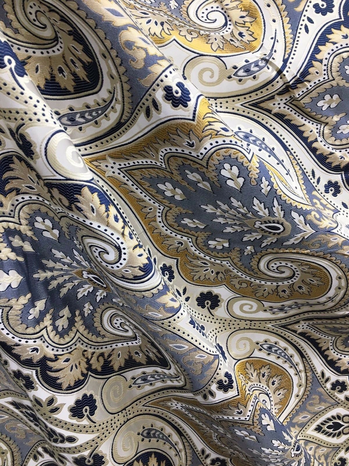 BLUE GOLD IVORY Damask Brocade Upholstery Fabric (58 in.) Sold By The Yard