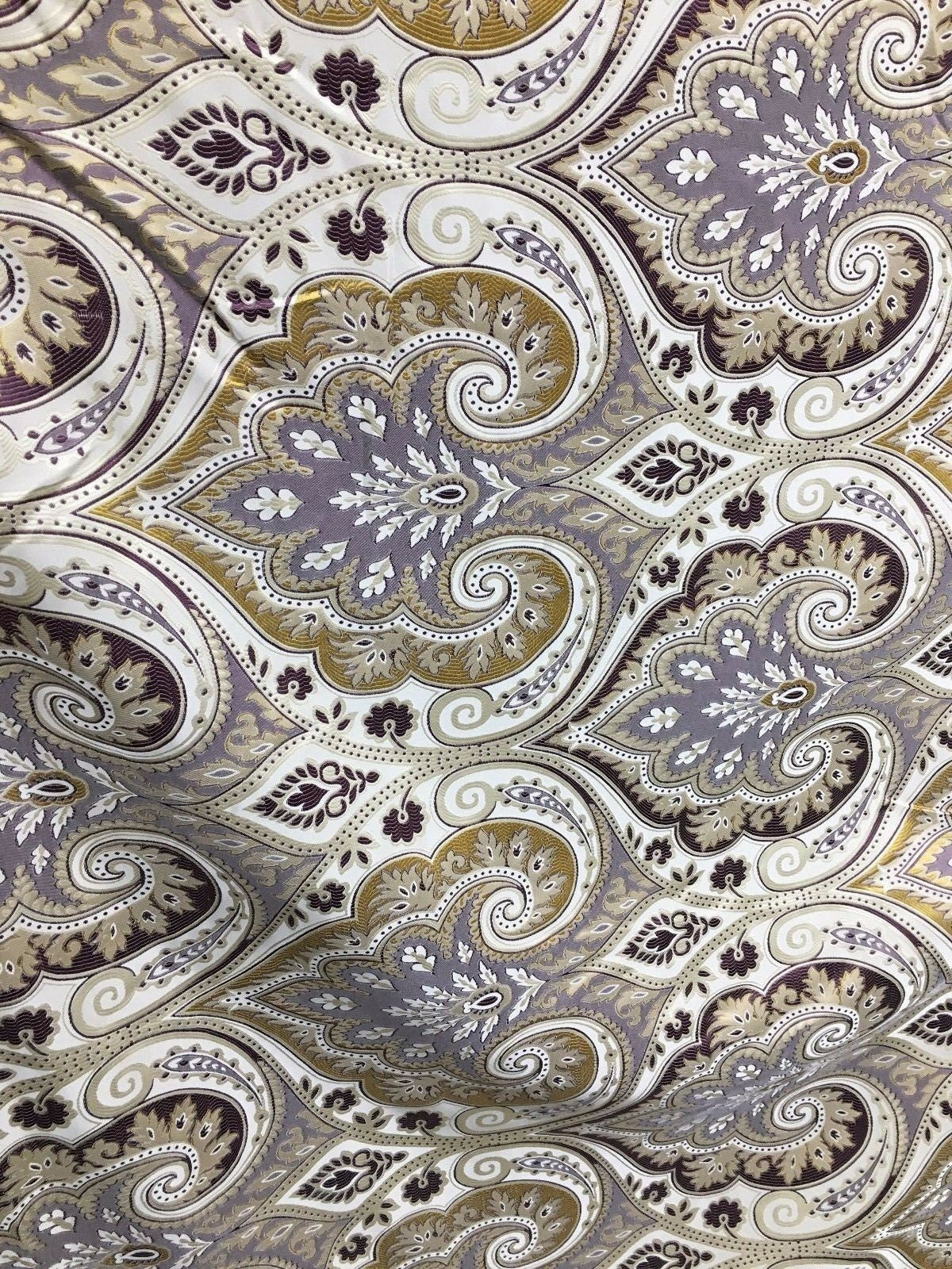 Dark Purple Gold Ivory Damask Brocade Upholstery Fabric (58 in.) Sold By The Yard