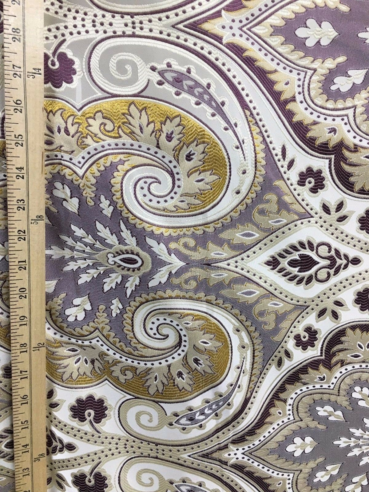 Dark Purple Gold Ivory Damask Brocade Upholstery Fabric (58 in.) Sold By The Yard