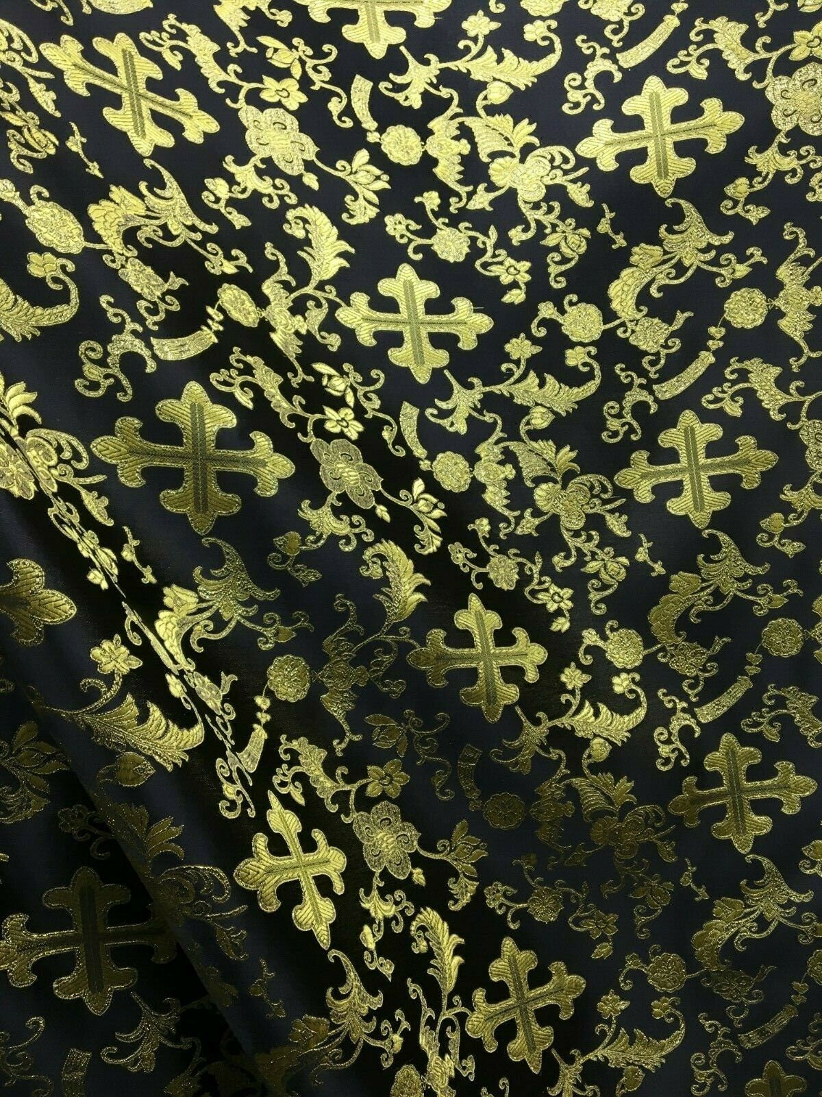 BLACK GOLD METALLIC Liturgical Cross Brocade Fabric (56 in.) Sold By The Yard