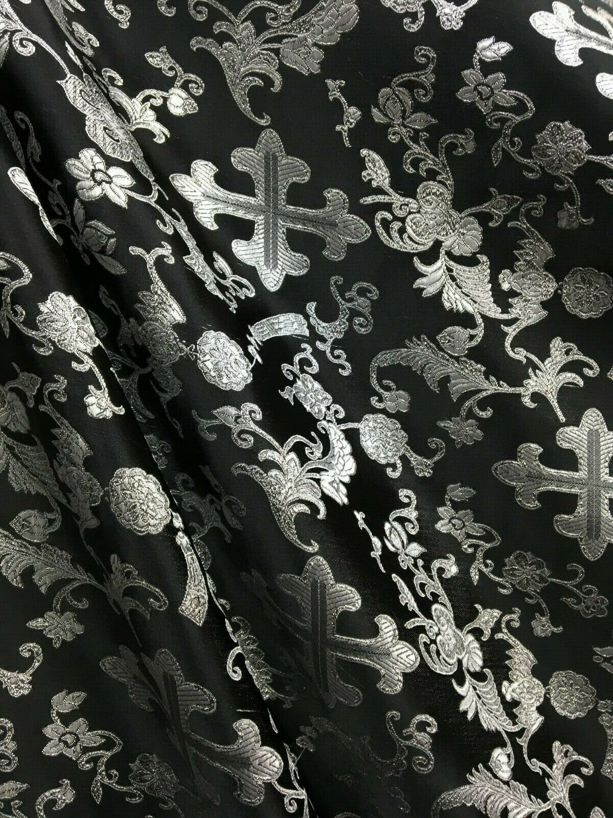 BLACK SILVER METALLIC Liturgical Cross Brocade Fabric (45 in.) Sold By The Yard