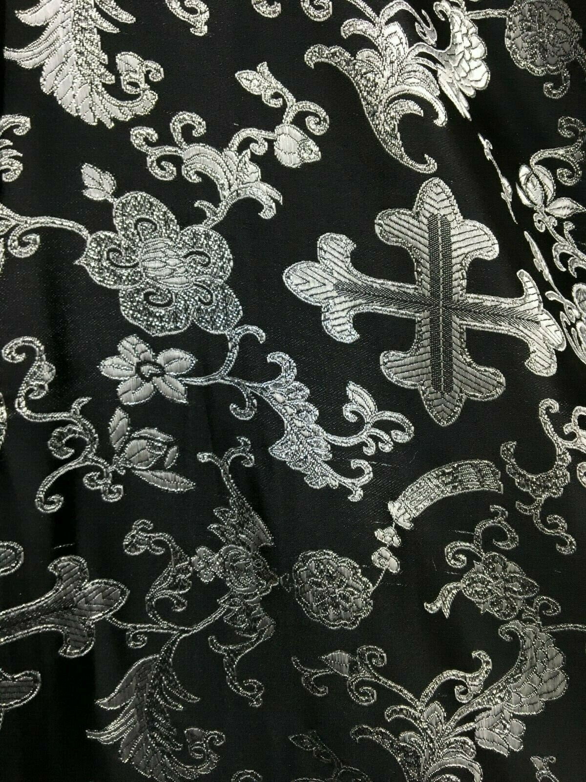 BLACK SILVER METALLIC Liturgical Cross Brocade Fabric (45 in.) Sold By The Yard