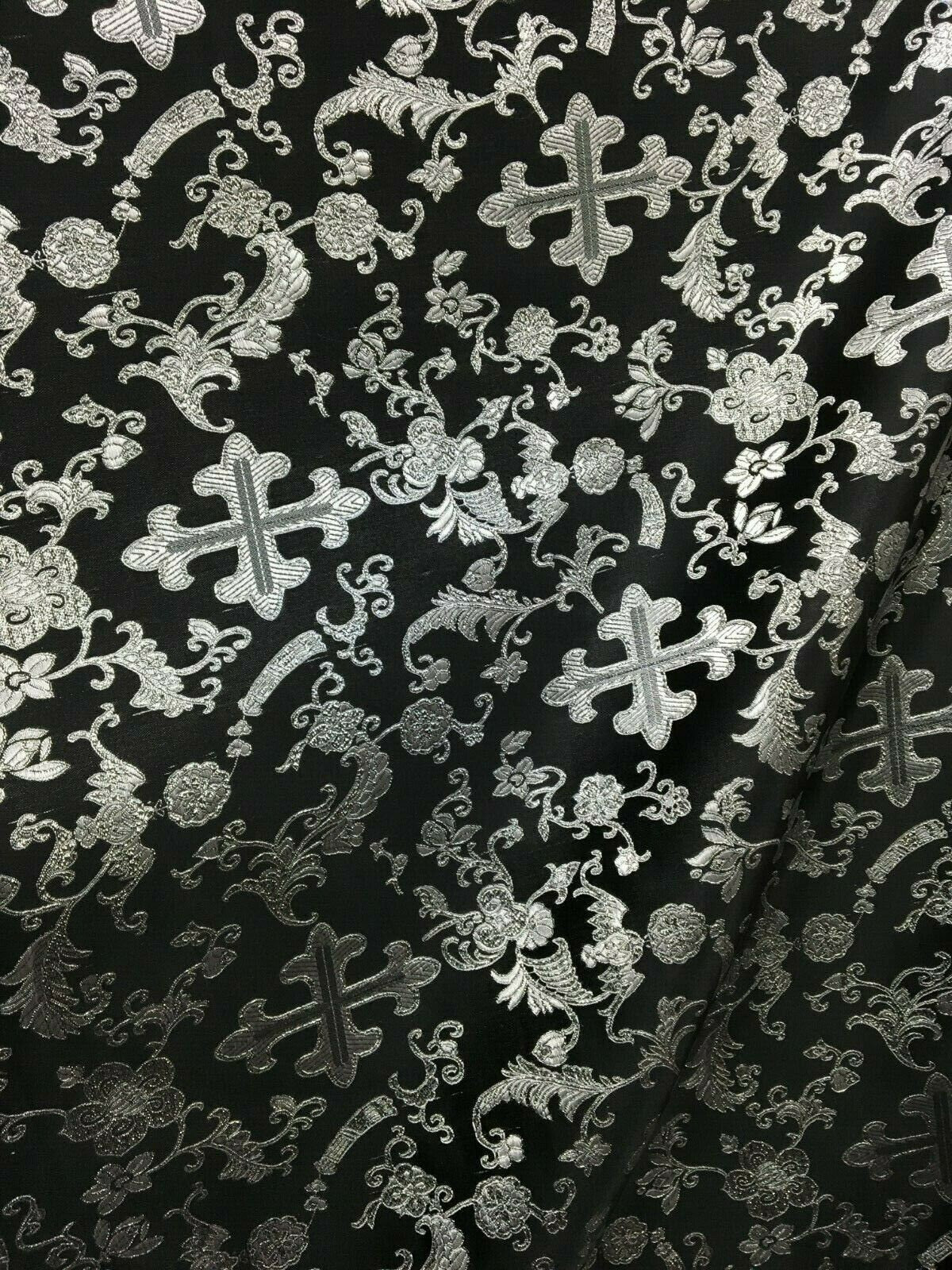 BLACK SILVER METALLIC Liturgical Cross Brocade Fabric (45 in.) Sold By The Yard