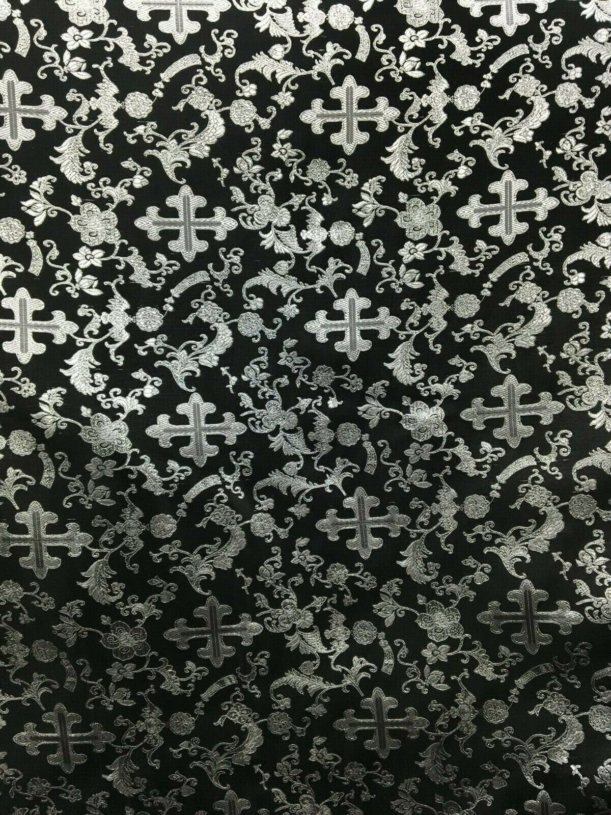 BLACK SILVER METALLIC Liturgical Cross Brocade Fabric (45 in.) Sold By The Yard