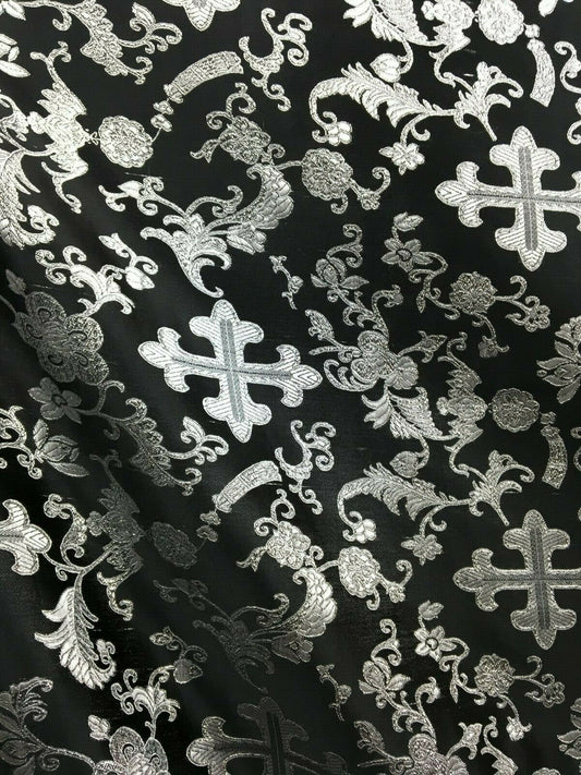 BLACK SILVER METALLIC Liturgical Cross Brocade Fabric (45 in.) Sold By The Yard