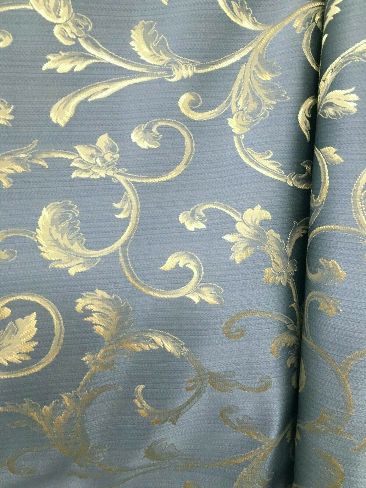 BLUE GOLD Brocade Flower Floral Upholstery Drapery Fabric (110 in.) Sold By The Yard