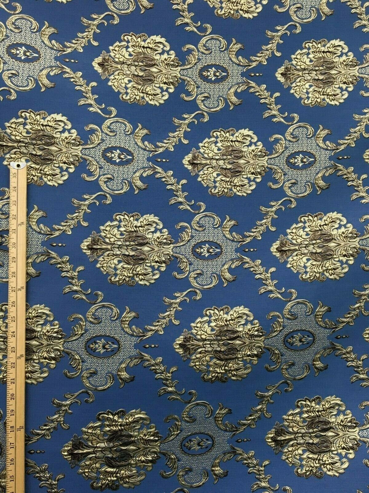 BLUE BEIGE BROWN Damask Brocade Upholstery Drapery Fabric (54 in.) Sold By The Yard