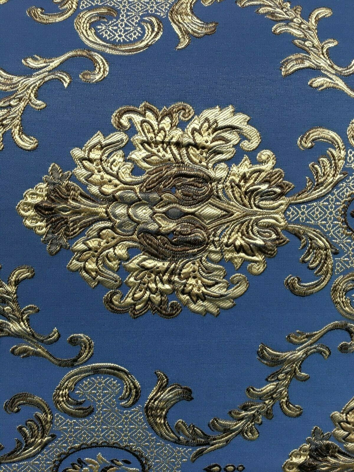 BLUE BEIGE BROWN Damask Brocade Upholstery Drapery Fabric (54 in.) Sold By The Yard