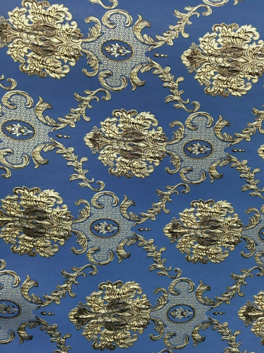 BLUE BEIGE BROWN Damask Brocade Upholstery Drapery Fabric (54 in.) Sold By The Yard