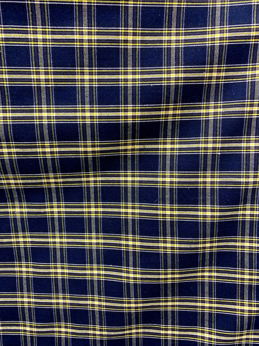 Dark Navy Yellow White Plaid Poly Cotton Uniform Poplin Fabric (60 in.) Sold By The Yard