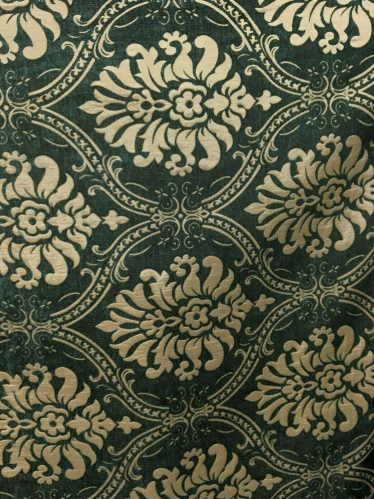 Dark Teal Green Beige Damask Chenille Upholstery Brocade Fabric (54 in.) Sold By The Yard