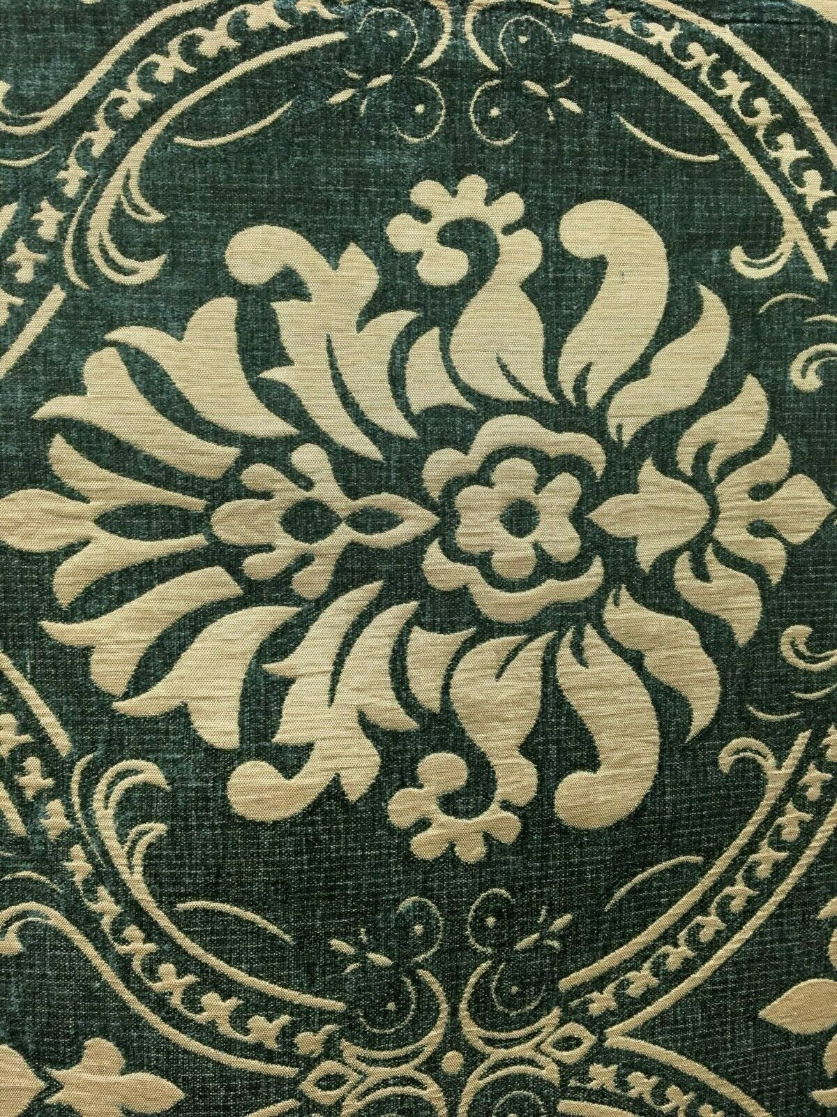 Dark Teal Green Beige Damask Chenille Upholstery Brocade Fabric (54 in.) Sold By The Yard