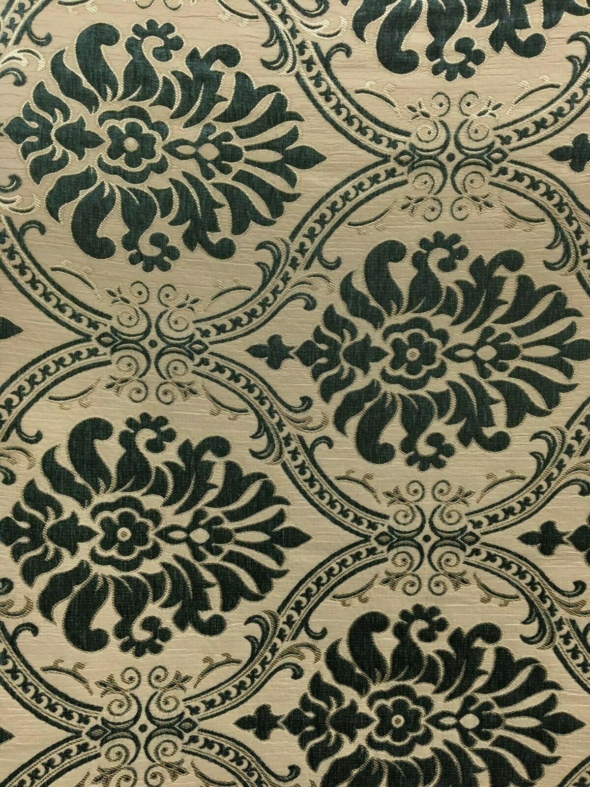 Dark Teal Green Beige Damask Chenille Upholstery Brocade Fabric (54 in.) Sold By The Yard