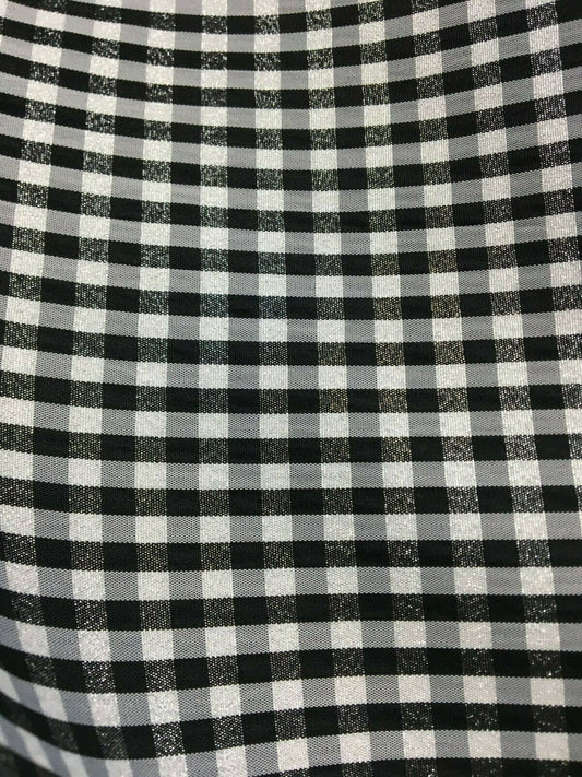 SILVER BLACK WHITE Metallic Checkered Plaid Taffeta Fabric (60 in.) Sold By The Yard