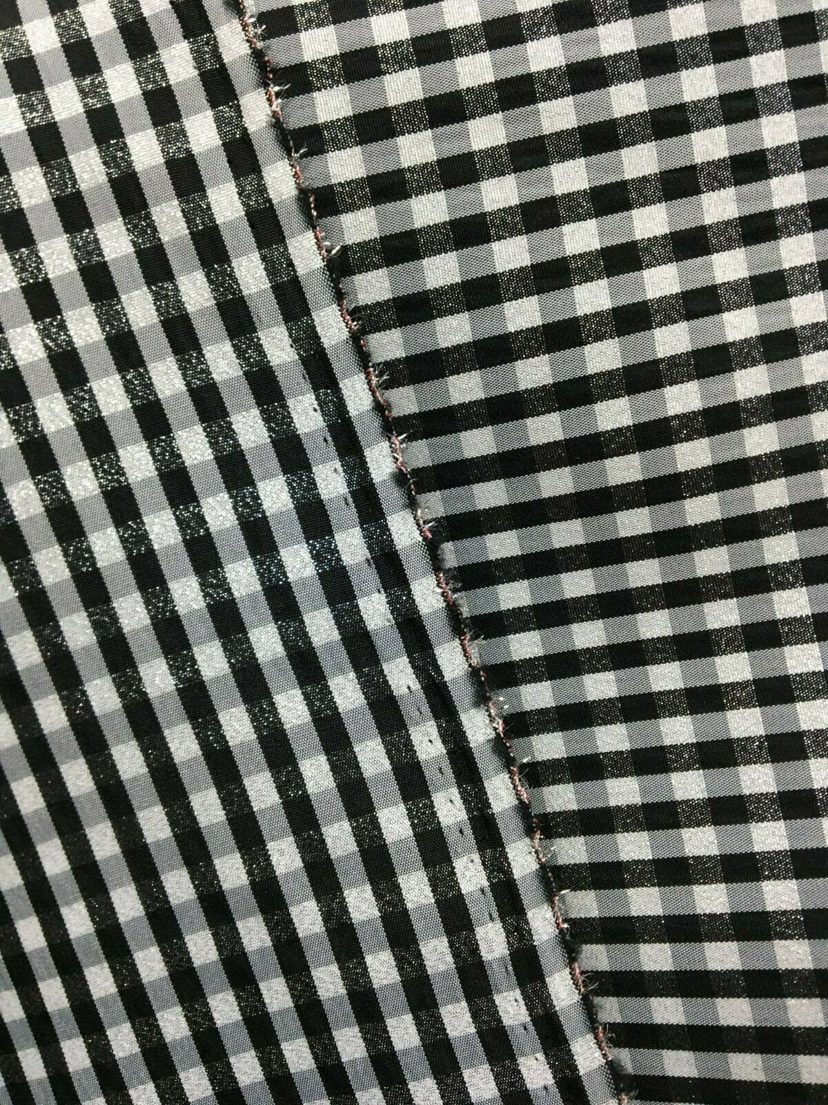 SILVER BLACK WHITE Metallic Checkered Plaid Taffeta Fabric (60 in.) Sold By The Yard