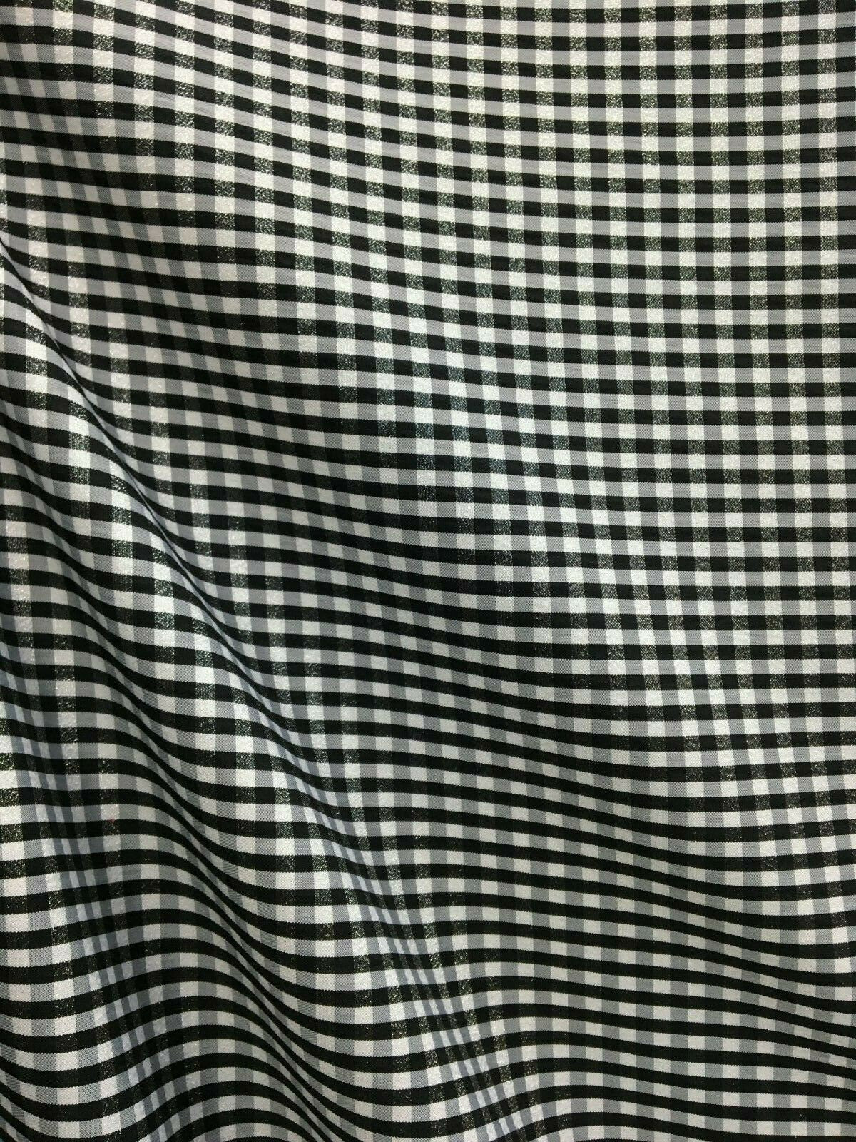 SILVER BLACK WHITE Metallic Checkered Plaid Taffeta Fabric (60 in.) Sold By The Yard