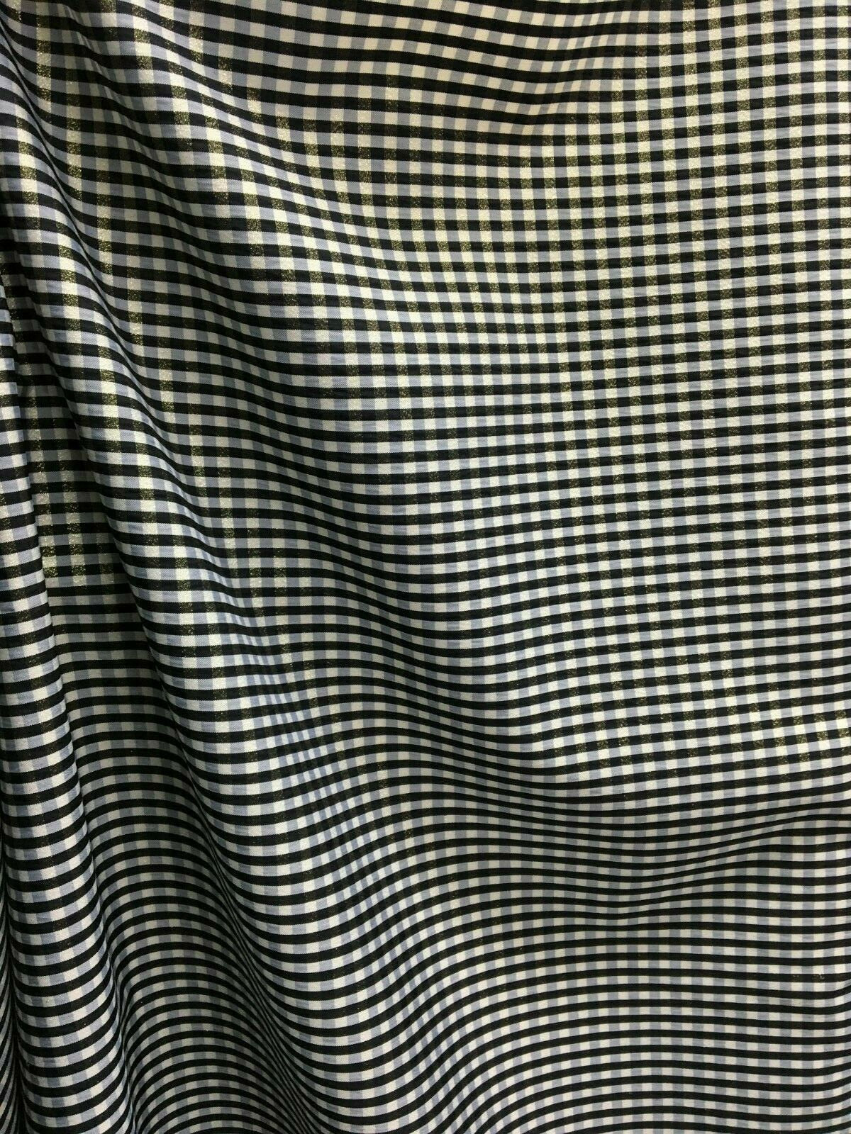 GOLD BLACK WHITE Metallic Checkered Plaid Taffeta Fabric (60 in.) Sold By The Yard