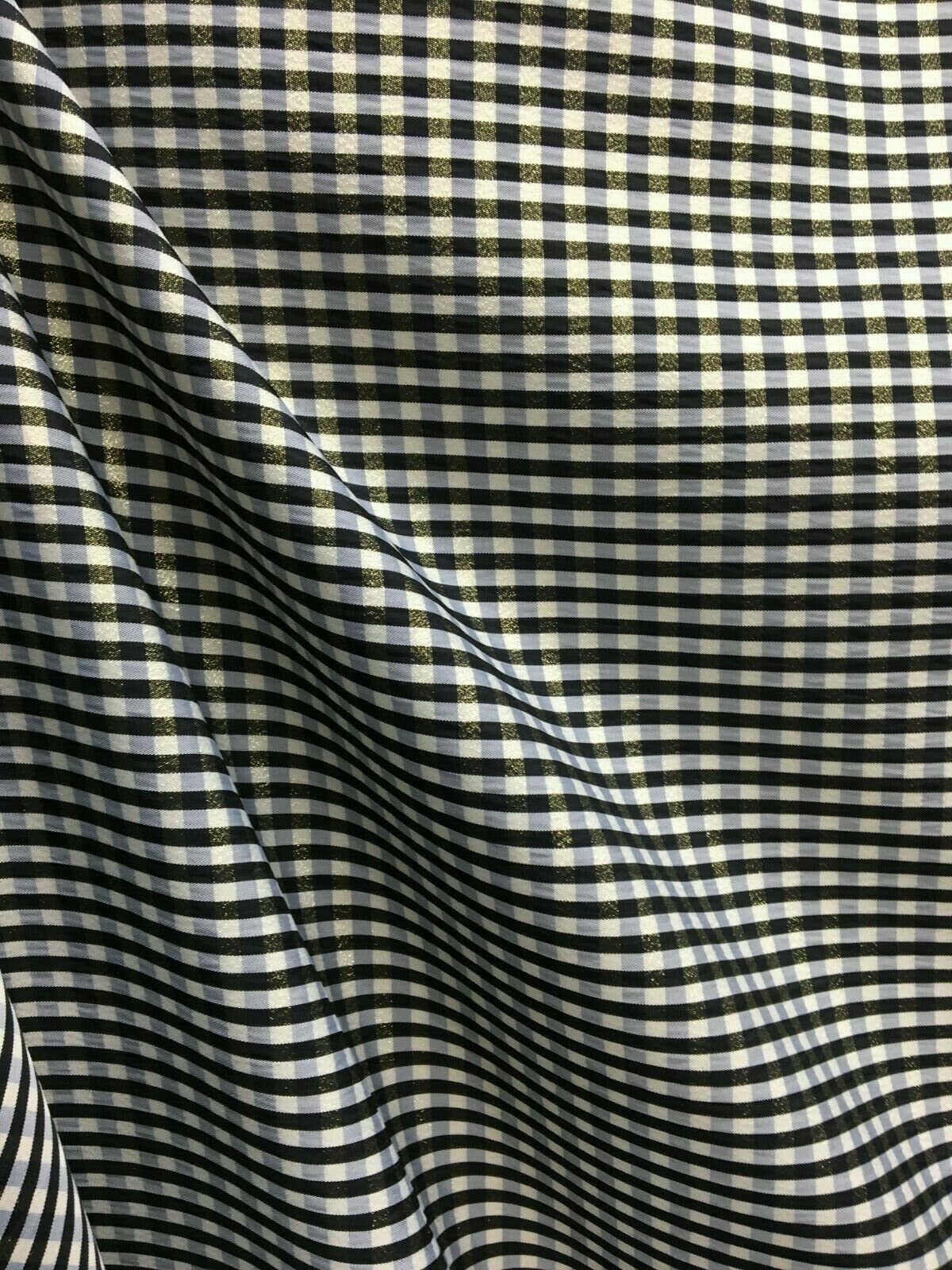 GOLD BLACK WHITE Metallic Checkered Plaid Taffeta Fabric (60 in.) Sold By The Yard