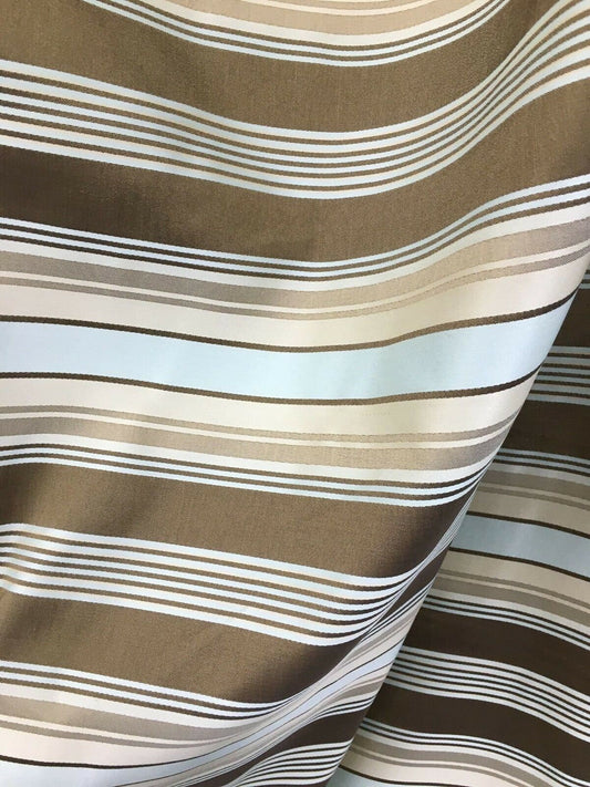 LIGHT BLUE BROWN Striped Taffeta Brocade Drapery Fabric (54 in.) Sold By The Yard