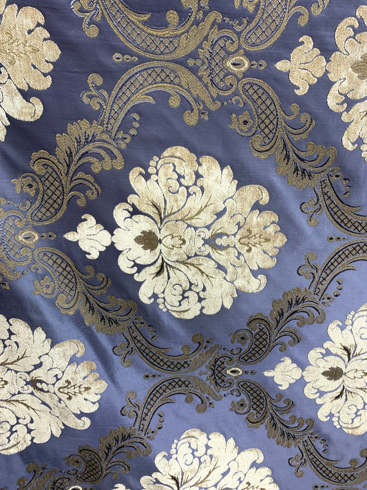 DARK BLUE BEIGE Damask Chenille Upholstery Brocade Fabric (54 in.) Sold By The Yard