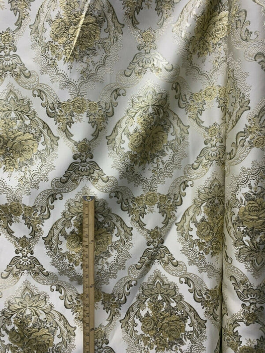 IVORY BEIGE GOLD Metallic Floral Brocade Upholstery Drapery Fabric (110 in.) Sold By The Yard